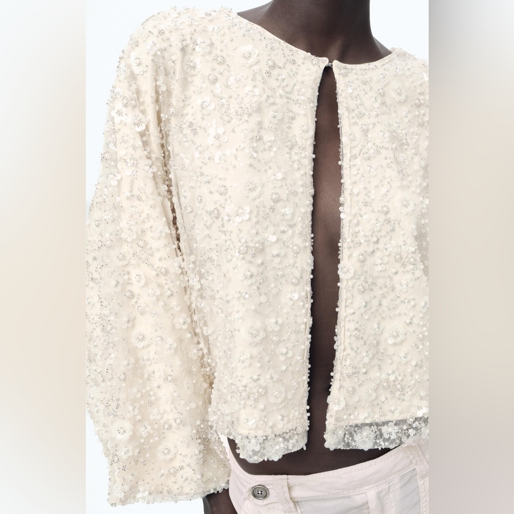 NWT ZARA BRIDAL BEADED SEQUIN JACKET CREAM IN XL